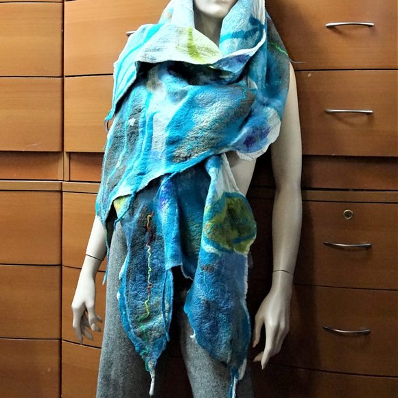 HUGE FELTED WOOL COTTON SHAWL HANDMADE IN EUROPE UNIQUE GIFT - Picture 8 of 8